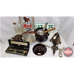 Tray Lot: Mack Service Repro Sign, SK Lic Plate, Pop Bottles, Garlic Press, Grinder, Bean Pot, etc