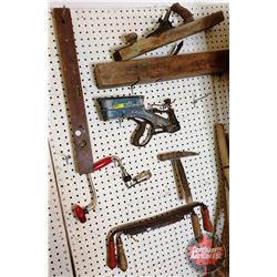 Antique Carpentry Tools (Planes, Level, Auto Nailer, Brace, Draw Knives, Hammer)