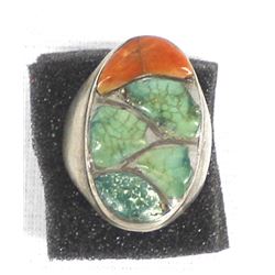Navajo Old Pawn Sterling Turquoise Coral Ring, 9