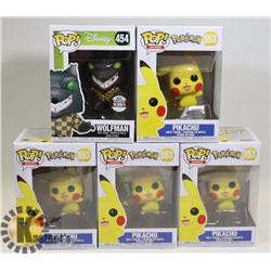 LOT OF 5 PIKACHU & WOLFMAN FUNKO POP FIGURES.