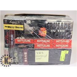FLAT WITH ASSORTED VHS WAR AND MILITARY MOVIES