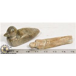TWO SOAPSTONE SCULPTURES - LOON AND MAN