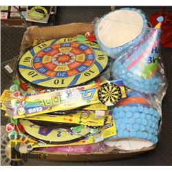 BOX OF KIDS DART BOARDS AND PARTY HATS