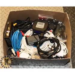 FLAT OF ASSORTED CABLES, CHARGERS & ROKU 2.