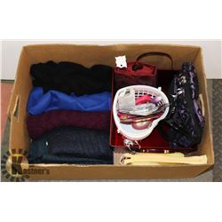 LOT OF ASSORTED FASHION SCARVES, COSMETIC BAGS,