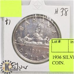 1936 SILVER CANADIAN $1 DOLLAR COIN.