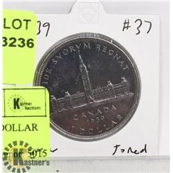 1939 SILVER CANADIAN $1 DOLLAR COIN, TONED.