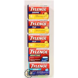 LOT OF 5 ASSORTED TYLENOL-FLU, COLD, NIGHTTIME
