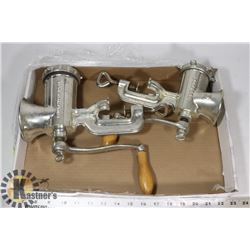 FLAT WITH 2 VINTAGE MEAT GRINDERS