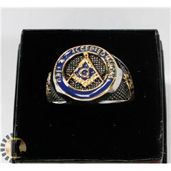 SILVER GOLD & BLUE TONED MASONIC MENS RING