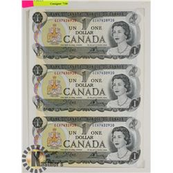 THREE UNCUT 1973 CANADIAN ONE DOLLAR BILLS