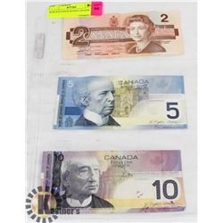 LOT OF 3 CANADIAN BANK NOTES - 1986 TWO DOLLAR,