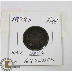 1872 CANADIAN QUEEN VICTORIA 25 CENT COIN.