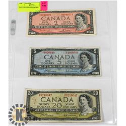 LOT OF 1954 BANK OF CANADA BANKNOTES - $2, $5, $20