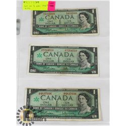 LOT OF THREE 1967 CANADIAN $1 BANK NOTES.