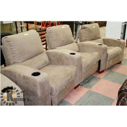 3 RECLINING MICROFIBRE HOME THEATRE CHAIRS,