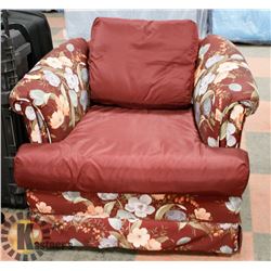 DARK RED FLORAL SOFA CHAIR.