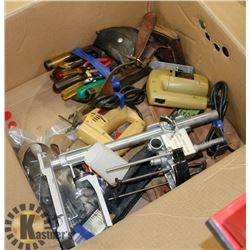 BOX OF TOOLS INCL 2 JIG SAWS, CARPENTERS APRON,