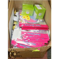 BOX OF NEW PARTY SUPPLY ITEMS.