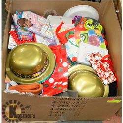 BOX OF NEW PARTY SUPPLY ITEMS.