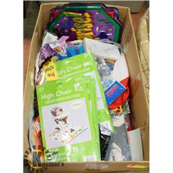 BOX OF NEW PARTY SUPPLY ITEMS.