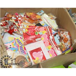 BOX OF NEW PARTY SUPPLY ITEMS.