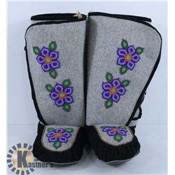 PAIR OF GREY MUKLUKS WITH INTRICATE BEADING