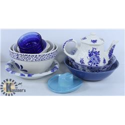 BOX OF ASSORTED BLUE DISHWARE AND PYREX