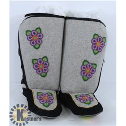 PAIR OF GREY MUKLUKS WITH INTRICATE BEADING