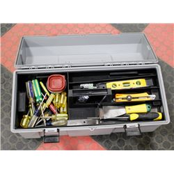 GREY TOOL BOX WITH TOOLS.