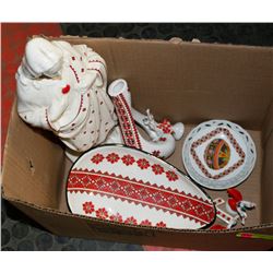 BOX OF ASSORTED UKRAINIAN DISHES AND ORNAMENTS