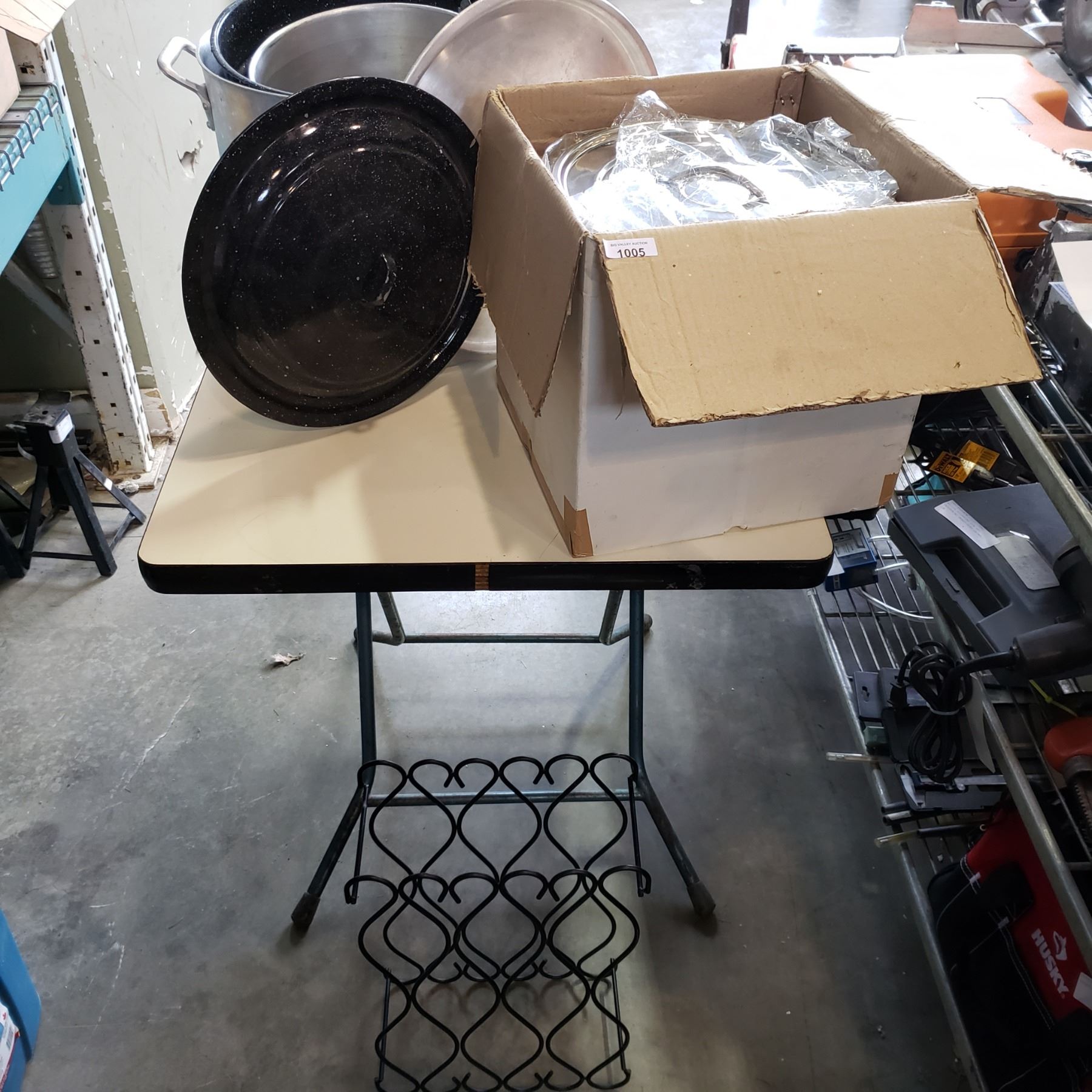 3 CANNING POTS, WINE RACK, AND NEW CANNING POT