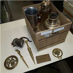 2 BRASS MADALIONS, TRIVOT, 2 LETTER OPENERS, AND COPPER PLATES AND SILVER PLATE CARAFFE, CARAFFE TOP