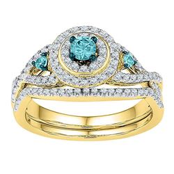Round Blue Color Enhanced Diamond Bridal Wedding Engagement Ring Band Set 5/8 Cttw 10kt Yellow Gold