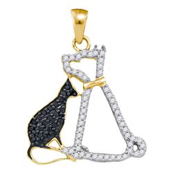 Round Black Color Enhanced Diamond Kitty Cat Feline Animal Pendant 1/4 Cttw 10kt Yellow Gold