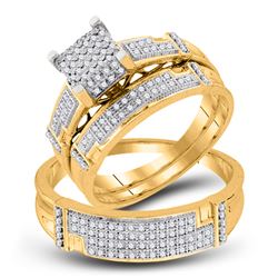 His & Hers Diamond Square Cluster Matching Bridal Wedding Ring Band Set 1/2 Cttw 10kt Yellow Gold