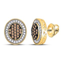 Round Brown Diamond Oval Frame Cluster Earrings 1/2 Cttw 10kt Yellow Gold