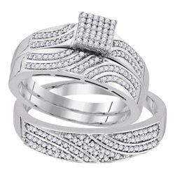 His & Hers Diamond Square Cluster Matching Bridal Wedding Ring Band Set 3/8 Cttw 10kt White Gold