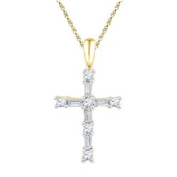 Round Baguette Diamond Cross Faith Pendant 1/4 Cttw 10kt Yellow Gold