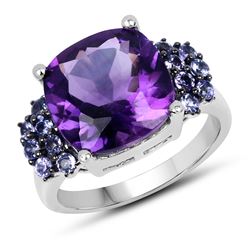 14K Yellow Gold Plated 8.59 ctw Dyed Sapphire and White Topaz .925 Sterling Silver Ring