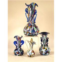 A GROUP OF THREE MILLEFIORI GLASS TWO HANDLED BLUE VASES