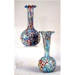 A PAIR OF MILLEFIORI FLUTED EDGE VASES, 7 1/2"H