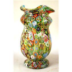 A MILLEFIORI GLASS VASE WITH A PEDESTAL FOOT, 11 1/2"H