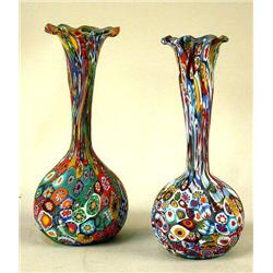 A PAIR OF MILLEFIORI BUD VASES WITH A FLUTED RIM