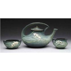 THREE-PIECE  ROSEVILLE TEA SET IN THE “