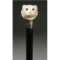 FINE CARVED IVORY CAT HEAD CANE