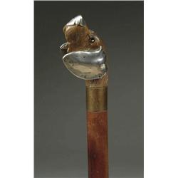 CARVED WOOD AND SILVER DOG CANE