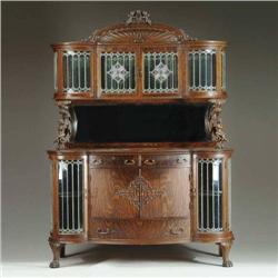 OUTSTANDING LEADED GLASS CARVED OAK MIR