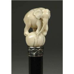 CARVED IVORY ELEPHANT ON BALL CANE