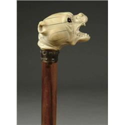 CARVED IVORY DOG HEAD CANE